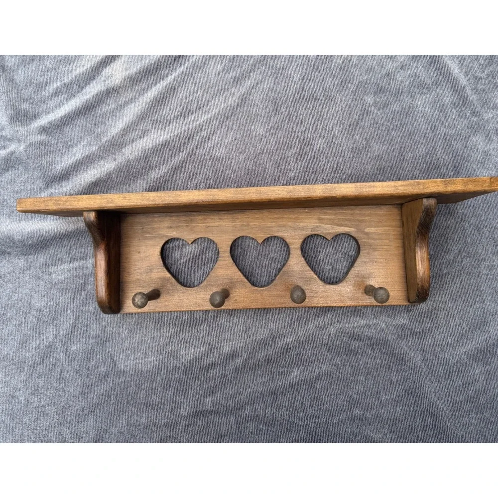 CottageCore Wooden Wall Shelf with Heart Cutouts and Hanging Pegs Vintage